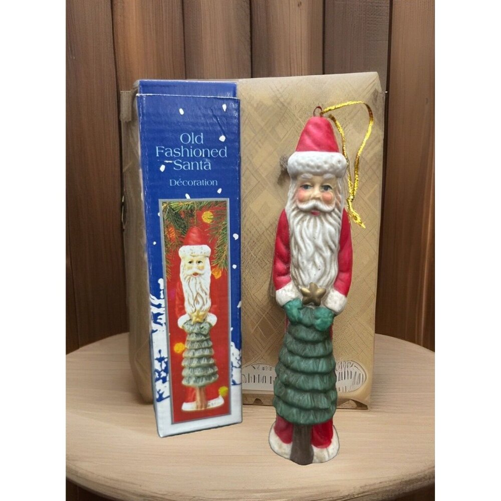 Old Fashioned Santa Claus W/ Tree Christmas Ornament Decoration Porcelain 6” T
